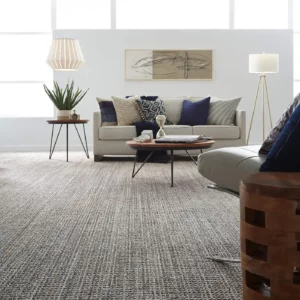 Textured gray Shaw Floors carpet in a modern living room | Brooks Flooring Services Inc